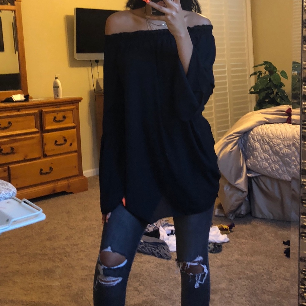 Off the shoulder black ruffled top
